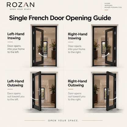 Single French Door Opening Guide' by ROZAN, showing four diagrams of French doors in different swing directions: left-hand inswing, right-hand inswing, left-hand outswing, and right-hand outswing. Each door is shown partially open with text labels explaining the direction of opening.