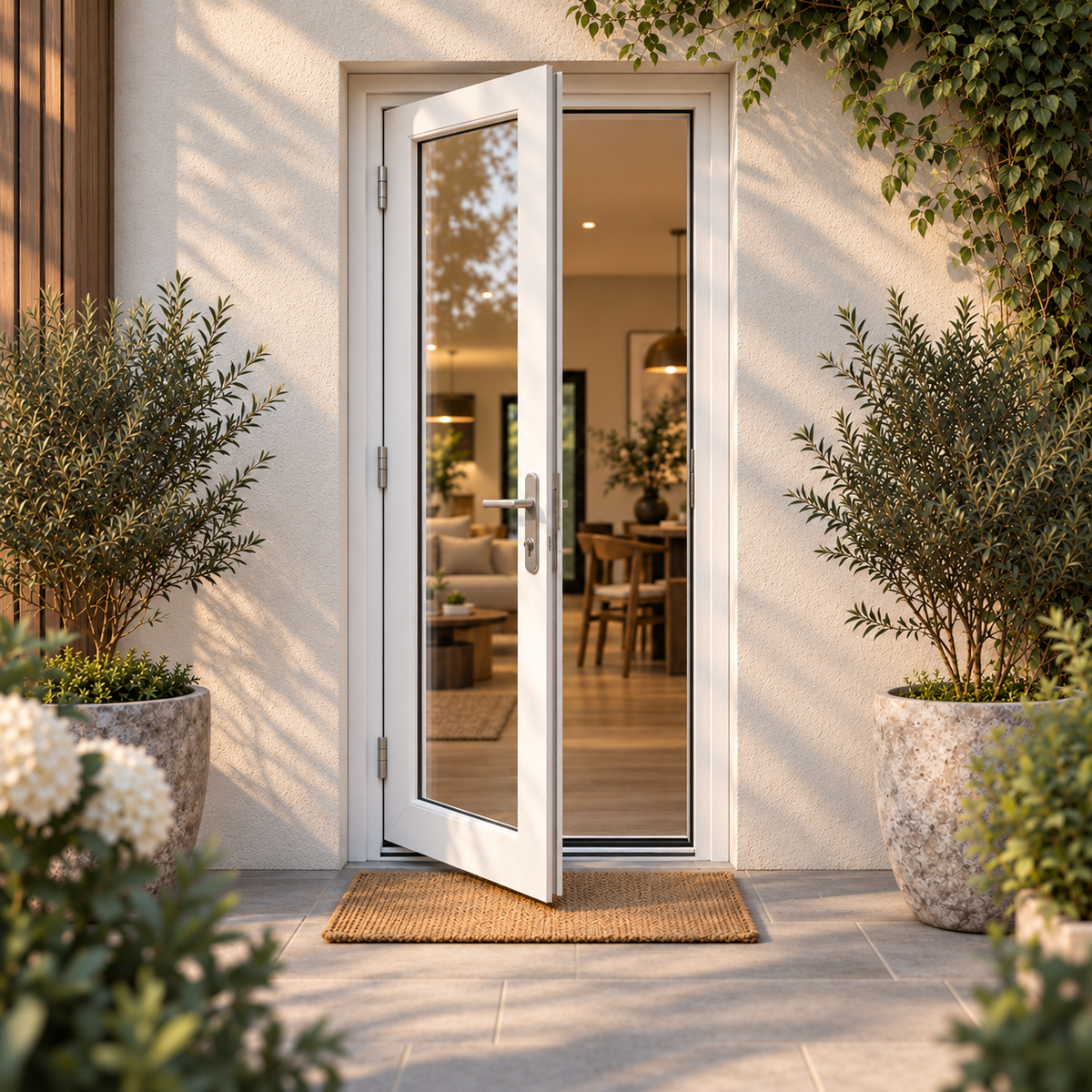 32 x 96 white aluminum French patio door creating a tall light-filled interior opening