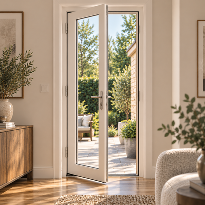 32 x 96 white aluminum French patio door installed in a clean contemporary exterior