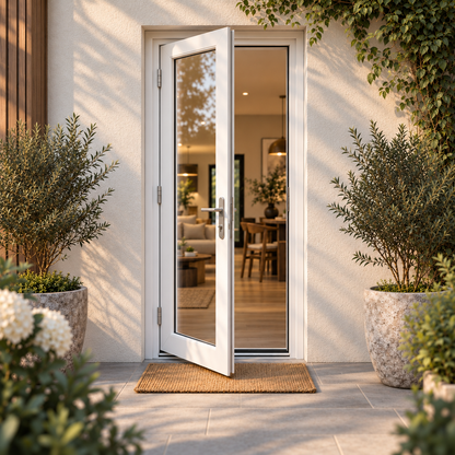 42 x 80 white aluminum French patio door complementing a light modern home exterior