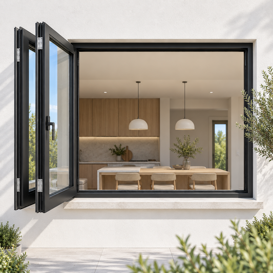 ROZAN 60 x 42 black aluminum bifold window creating an indoor-outdoor serving opening