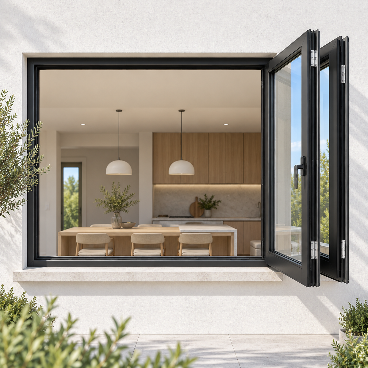 ROZAN 60 x 42 black aluminum bifold window with 2-panel left opening configuration