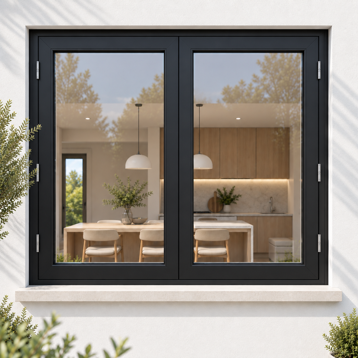 ROZAN 60 x 48 black aluminum bifold window creating a wide indoor-outdoor opening
