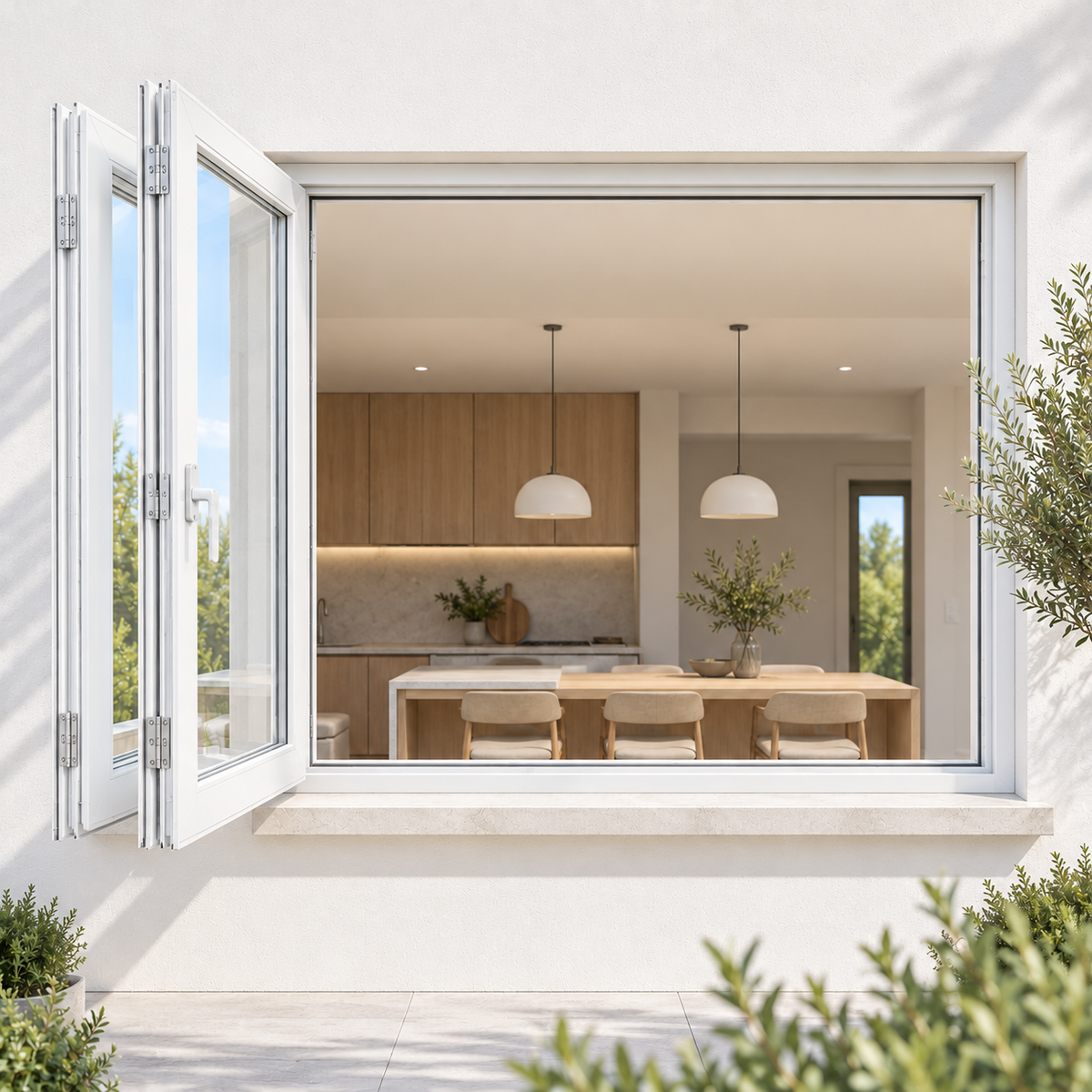 ROZAN 60 x 48 white aluminum bifold window opening from an interior space to an outdoor patio