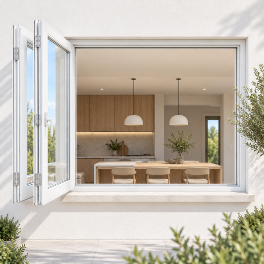 ROZAN 60 x 48 white aluminum bifold window opening from an interior space to an outdoor patio