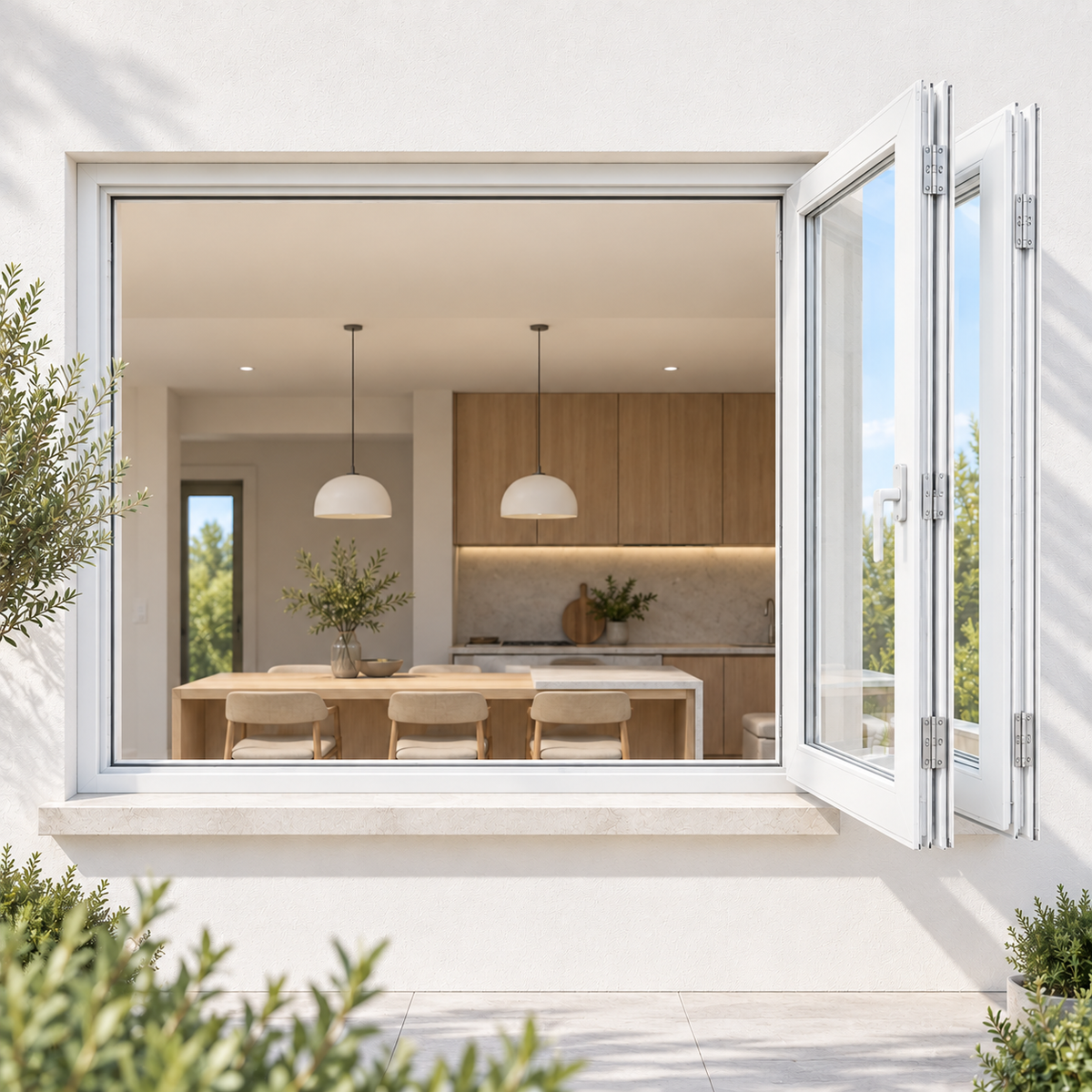 ROZAN 60 x 48 white aluminum bifold window installed in a contemporary residential exterior