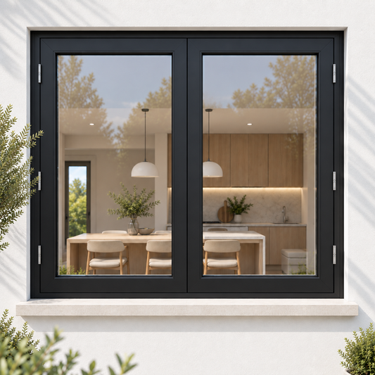 ROZAN 60 x 60 black aluminum bifold window creating a large folding glass opening