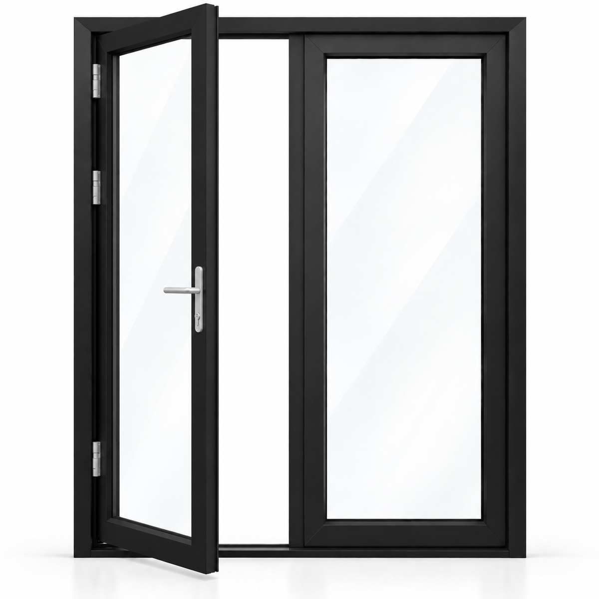 60 x 80 black aluminum French patio door, 2 panels, left active panel outswing configuration