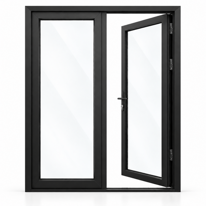 60 x 80 black aluminum French patio door, 2 panels, right active panel inswing configuration