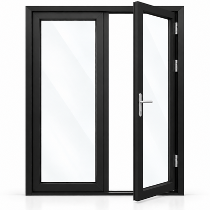 60 x 80 black aluminum French patio door, 2 panels, right active panel outswing configuration