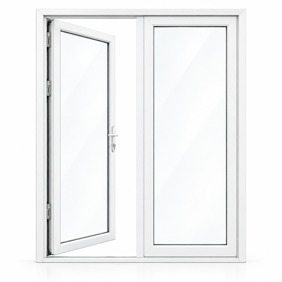 60 x 80 white aluminum French patio door, 2 panels, left active panel inswing configuration