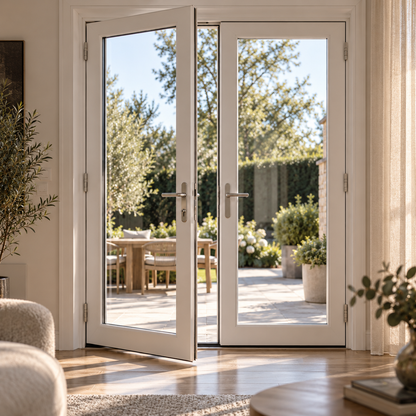 60 x 80 white aluminum double French patio door installed in a bright residential exterior
