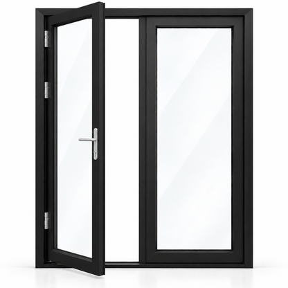 60 x 96 black aluminum French patio door, 2 panels, left active panel outswing configuration