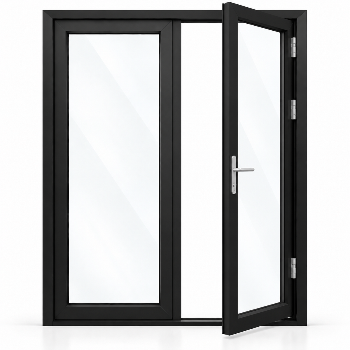60 x 96 black aluminum French patio door, 2 panels, right active panel outswing configuration