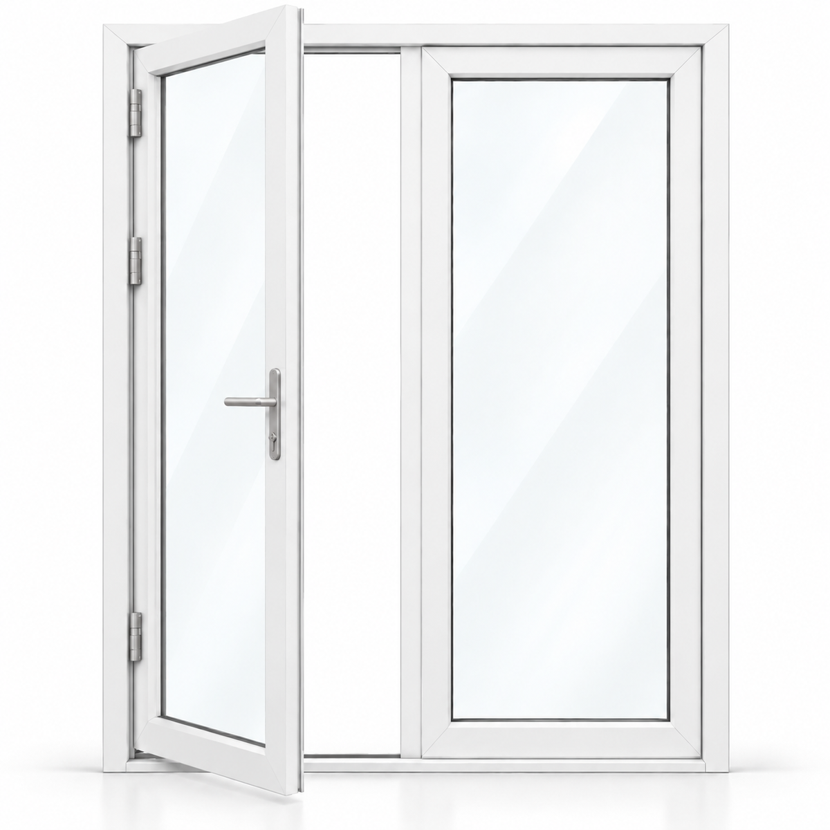 60 x 96 white aluminum French patio door, 2 panels, left active panel outswing configuration
