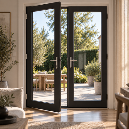 60 x 96 black aluminum double French patio door installed in a contemporary home exterior