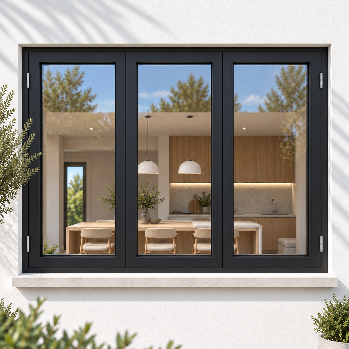 ROZAN 72 x 36 black aluminum bifold window installed in a modern residential exterior