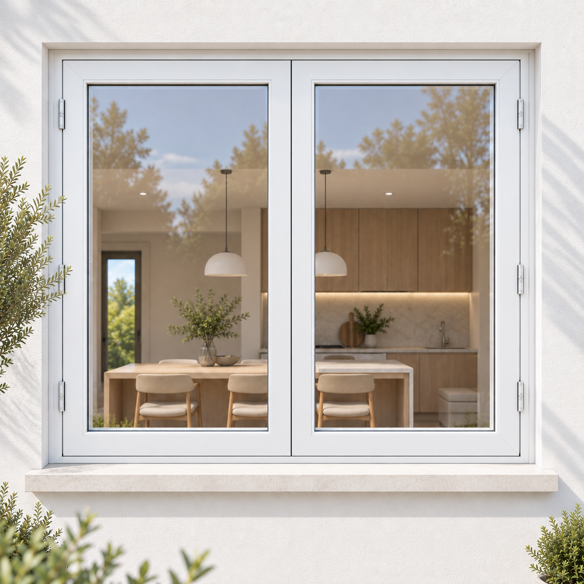 ROZAN 72 x 42 white aluminum bifold window installed in a bright contemporary kitchen