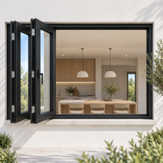 ROZAN 72 x 48 black aluminum bifold window creating a large indoor-outdoor serving opening