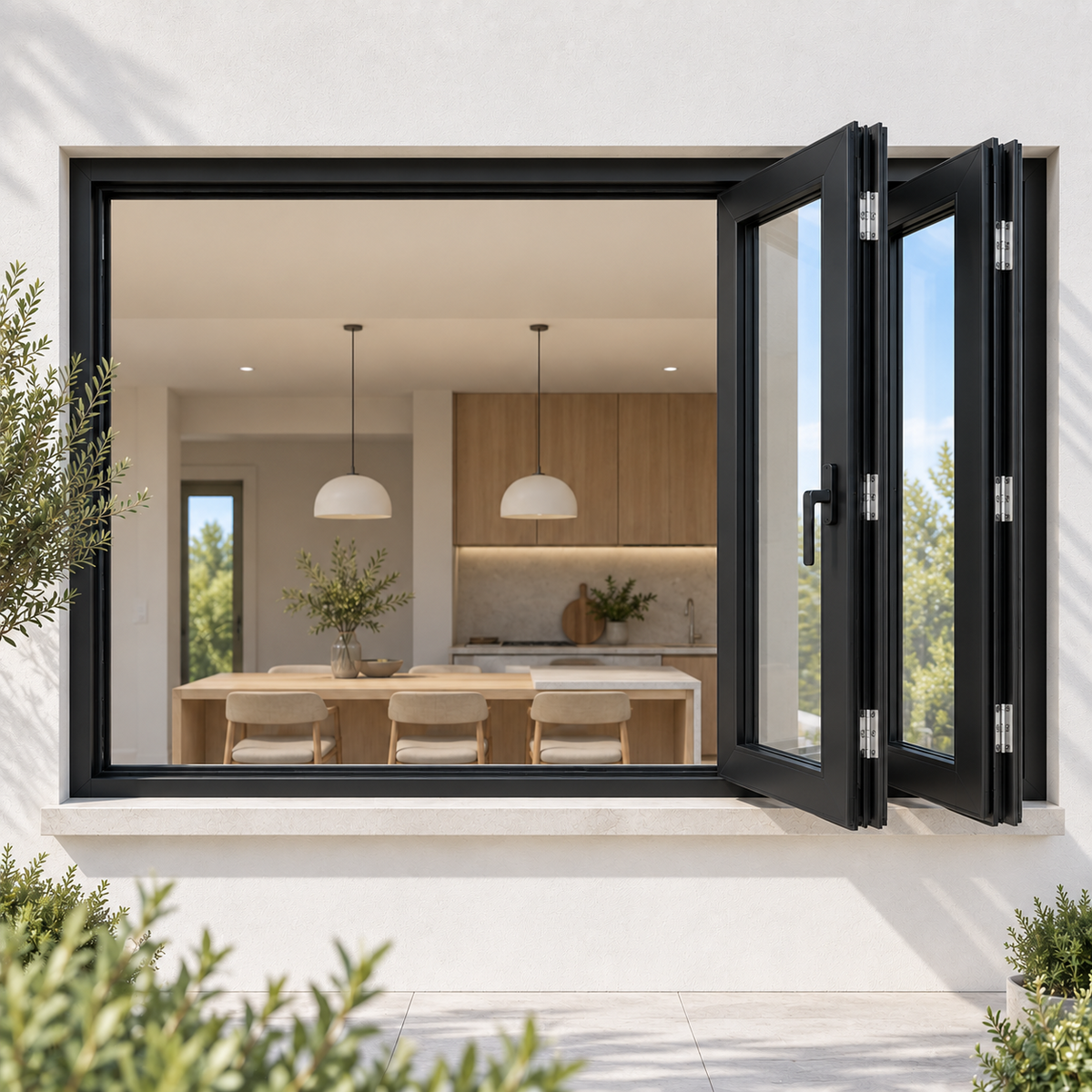 ROZAN 72 x 48 black aluminum bifold window installed in a modern kitchen