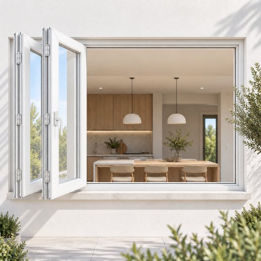 ROZAN 72 x 48 white aluminum bifold window creating a spacious indoor-outdoor serving opening