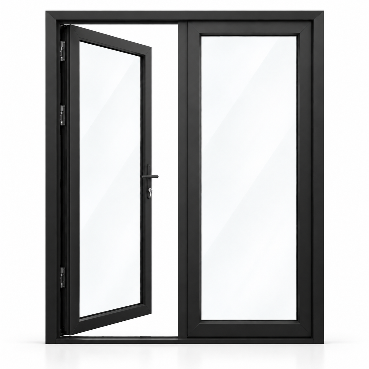 72 x 80 black aluminum French patio door, 2 panels, left active panel inswing configuration