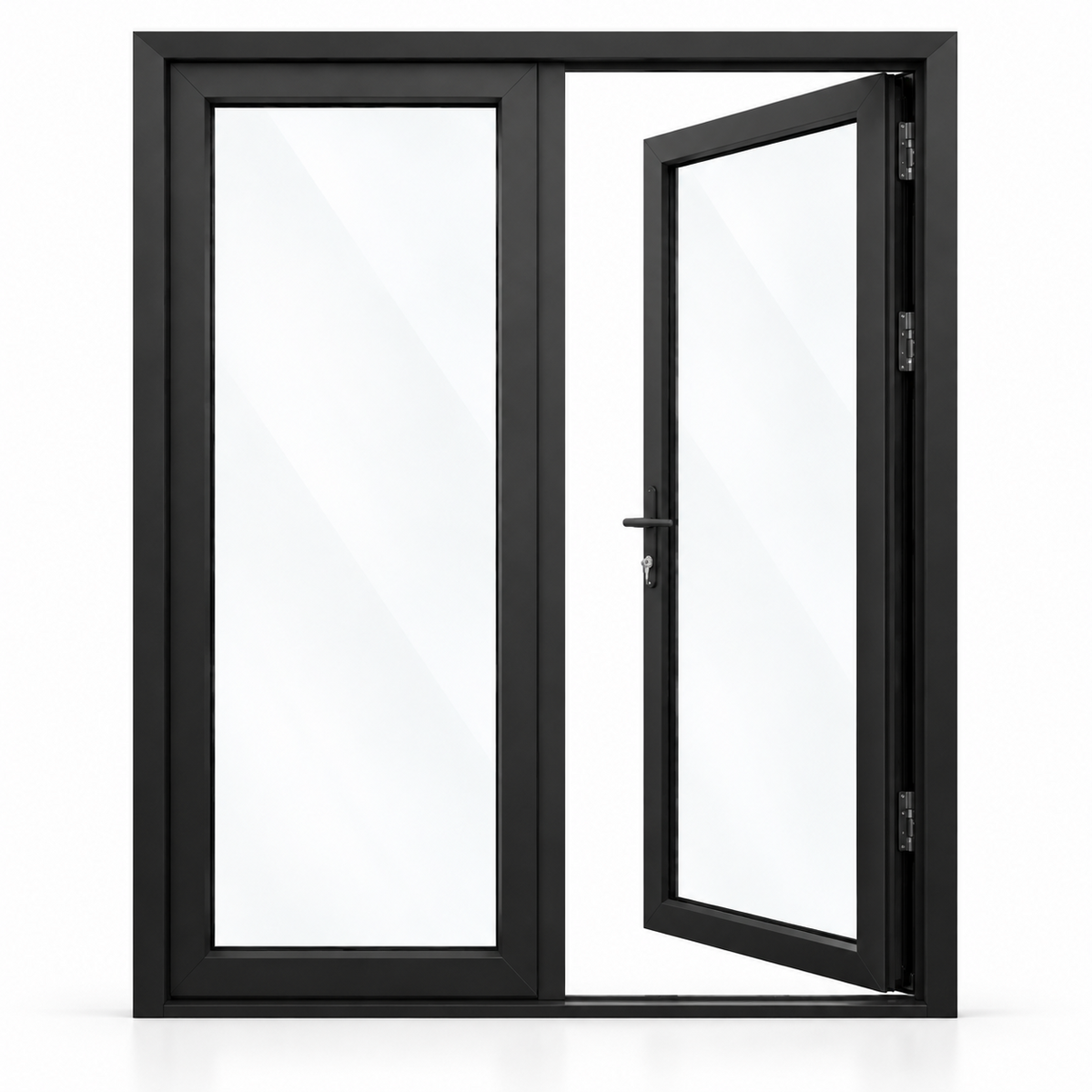 72 x 80 black aluminum French patio door, 2 panels, right active panel inswing configuration