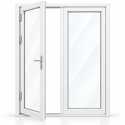 72 x 80 white aluminum French patio door, 2 panels, left active panel outswing configuration