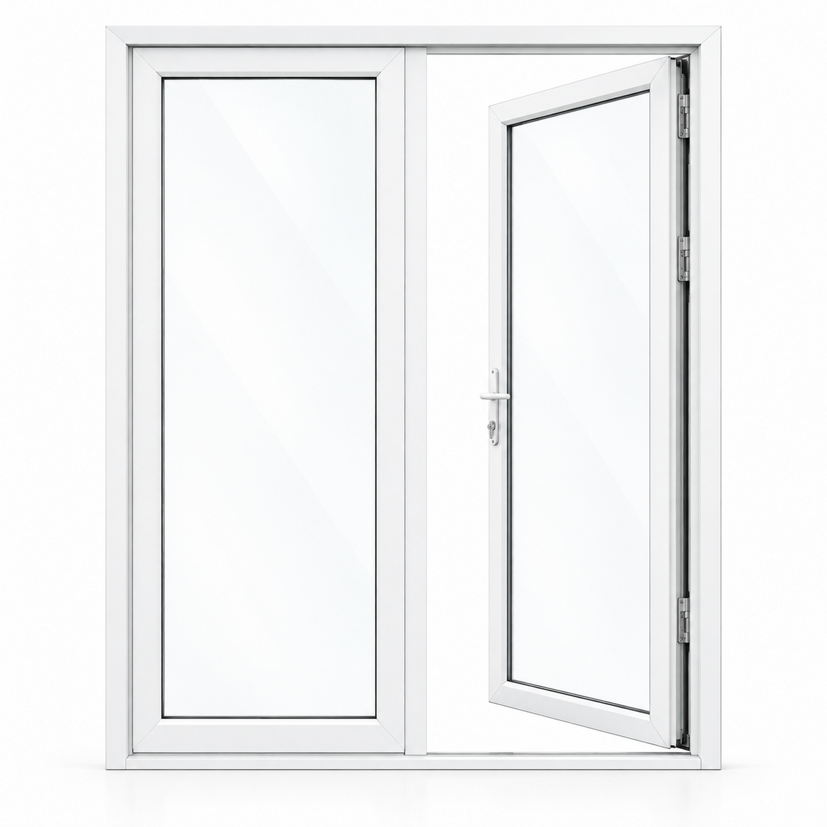 72 x 80 white aluminum French patio door, 2 panels, right active panel inswing configuration