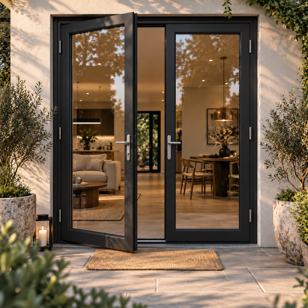 72 x 80 black aluminum double French patio door opening to a modern outdoor living area