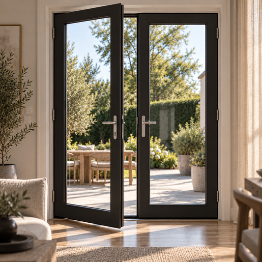 72 x 80 black aluminum French patio door bringing natural light into a contemporary living space