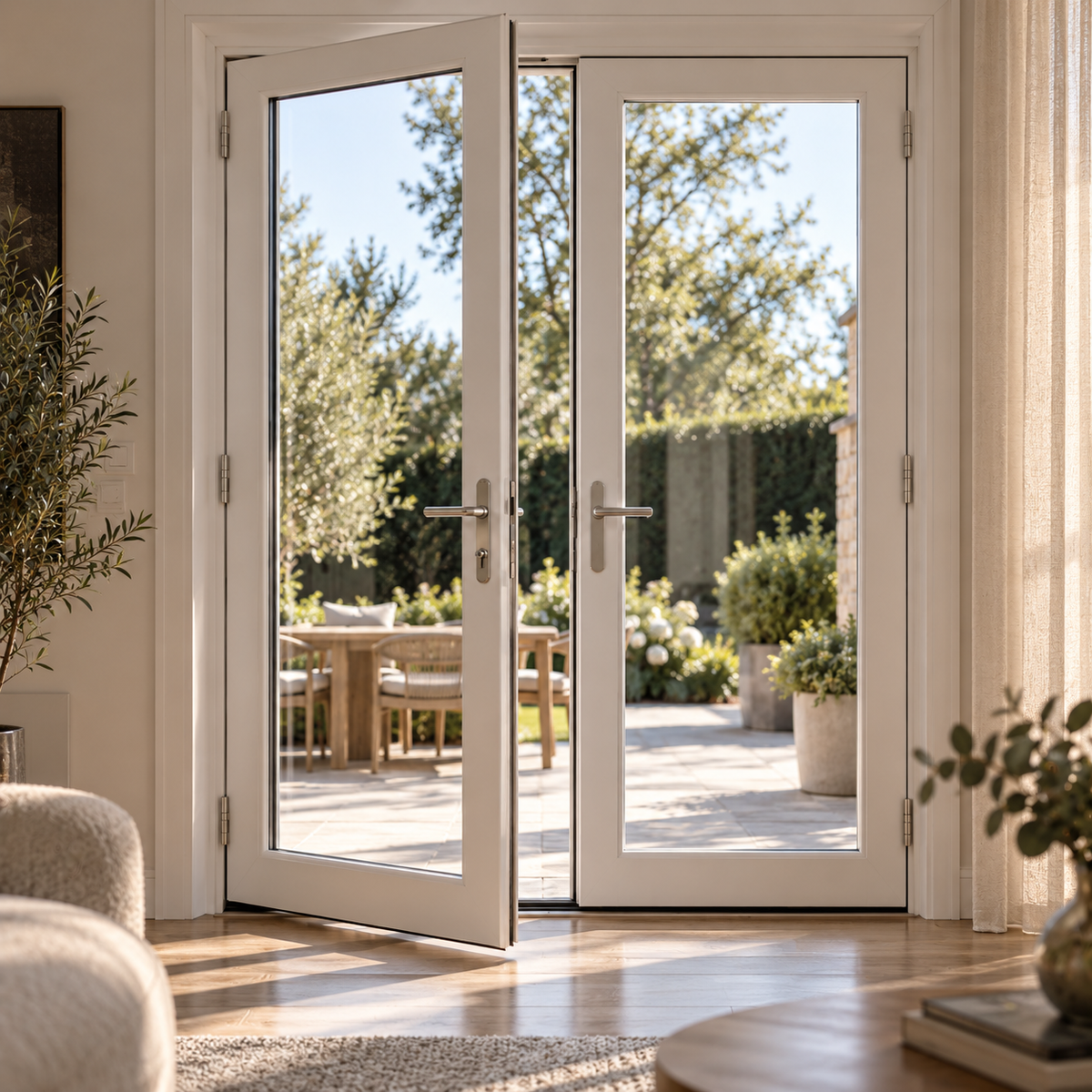 72 x 80 white aluminum French patio door creating a wide connection between interior and patio
