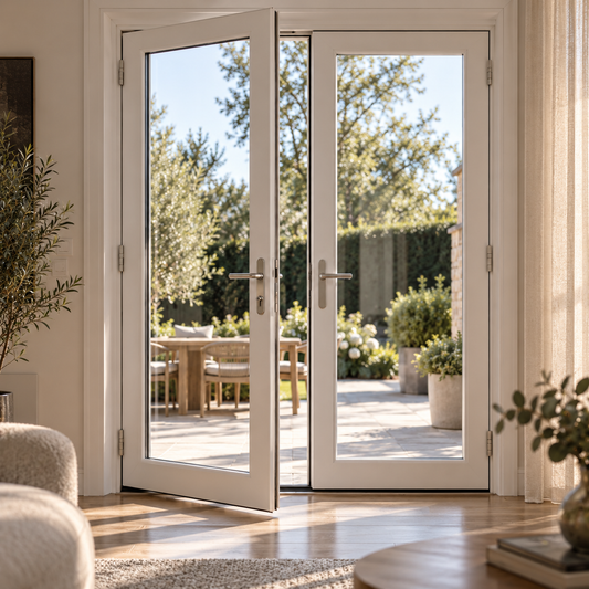 72 x 80 white aluminum French patio door creating a wide connection between interior and patio