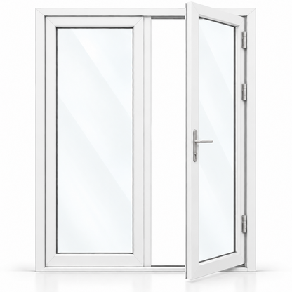72 x 96 white aluminum French patio door, 2 panels, right active panel outswing configuration