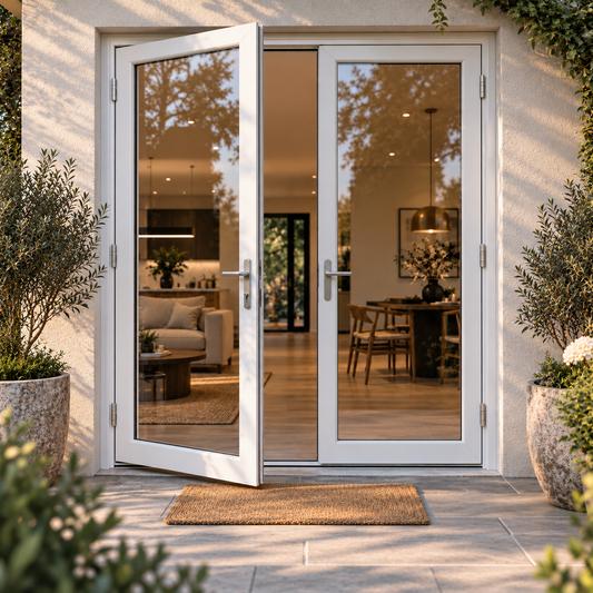 72 x 96 white aluminum French patio door creating a spacious 6-foot-wide by 8-foot-high opening