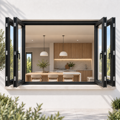 ROZAN 96 x 36 black aluminum bifold window connecting an interior space to an outdoor patio