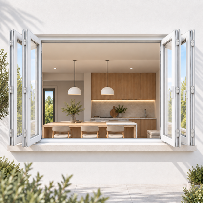 ROZAN 96 x 36 white aluminum bifold window connecting a bright interior with an outdoor patio
