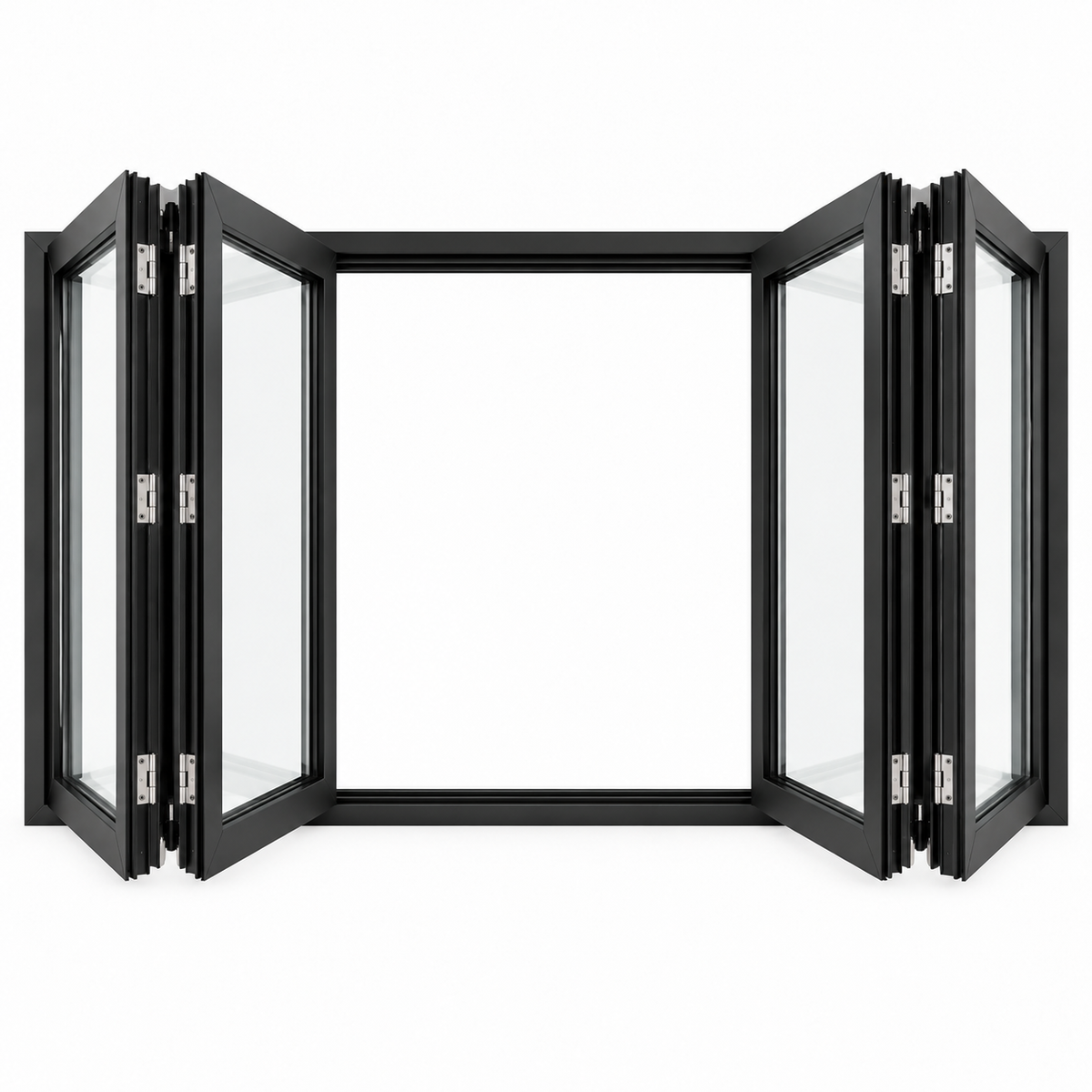 ROZAN 96 x 48 black aluminum bifold window with 4-panel center opening configuration