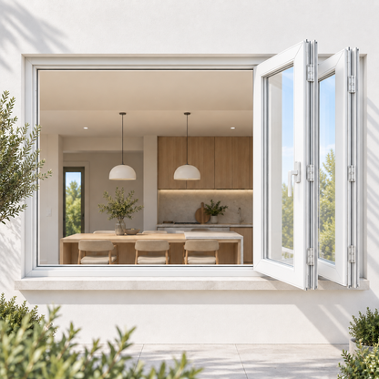 ROZAN 96 x 48 white aluminum bifold window opening to a bright outdoor living space