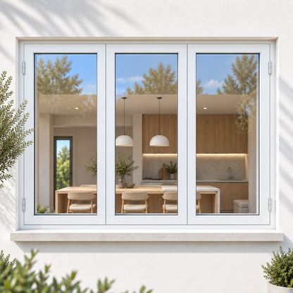ROZAN 96 x 48 white aluminum bifold window featured in a modern architectural exterior