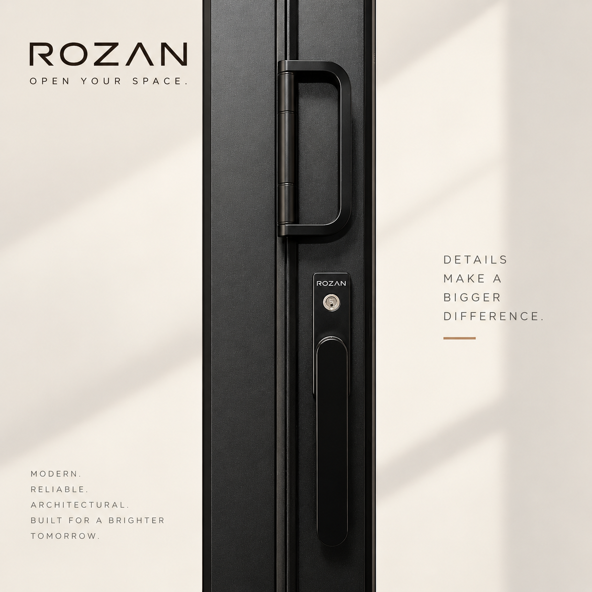 Modern black Rozan bifold window handle and lock system — minimalist architectural design emphasizing precision craftsmanship and reliability.