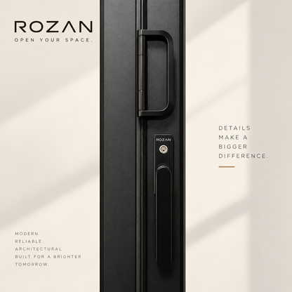 Modern black Rozan bifold window handle and lock system — minimalist architectural design emphasizing precision craftsmanship and reliability.