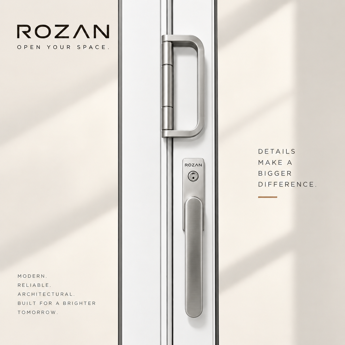 Modern white Rozan bifold window handle and lock system — minimalist architectural design emphasizing precision craftsmanship and reliability.