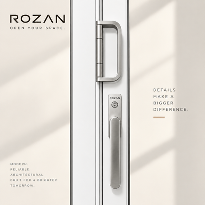 Modern white Rozan bifold window handle and lock system — minimalist architectural design emphasizing precision craftsmanship and reliability.