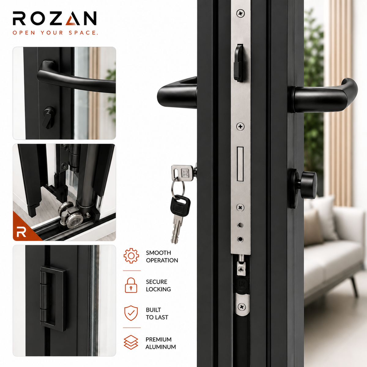 White aluminum bifold door handle, multi-point locking system, hinge and stainless steel roller hardware