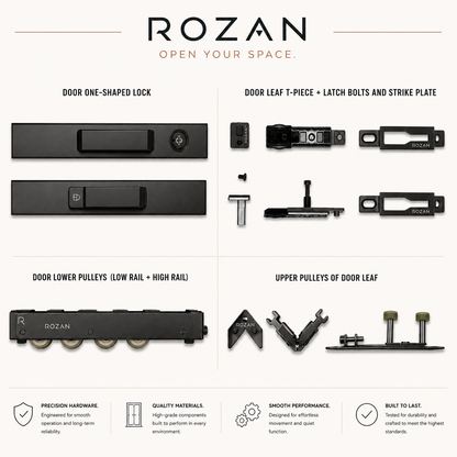 ROZAN black sliding door hardware set featuring locks, pulleys, latch bolts, and strike plates.