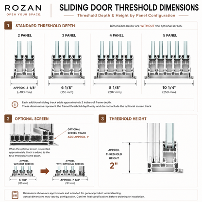 ROZAN sliding door threshold dimensions showing depth and height by panel configuration, including optional screen track.