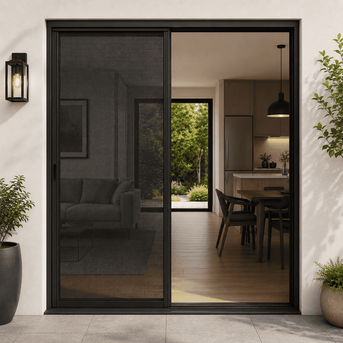 Modern sliding glass door with black frame leading to a kitchen and living area.
