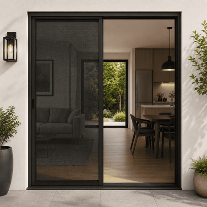 Modern sliding glass door with black frame leading to a kitchen and living area.