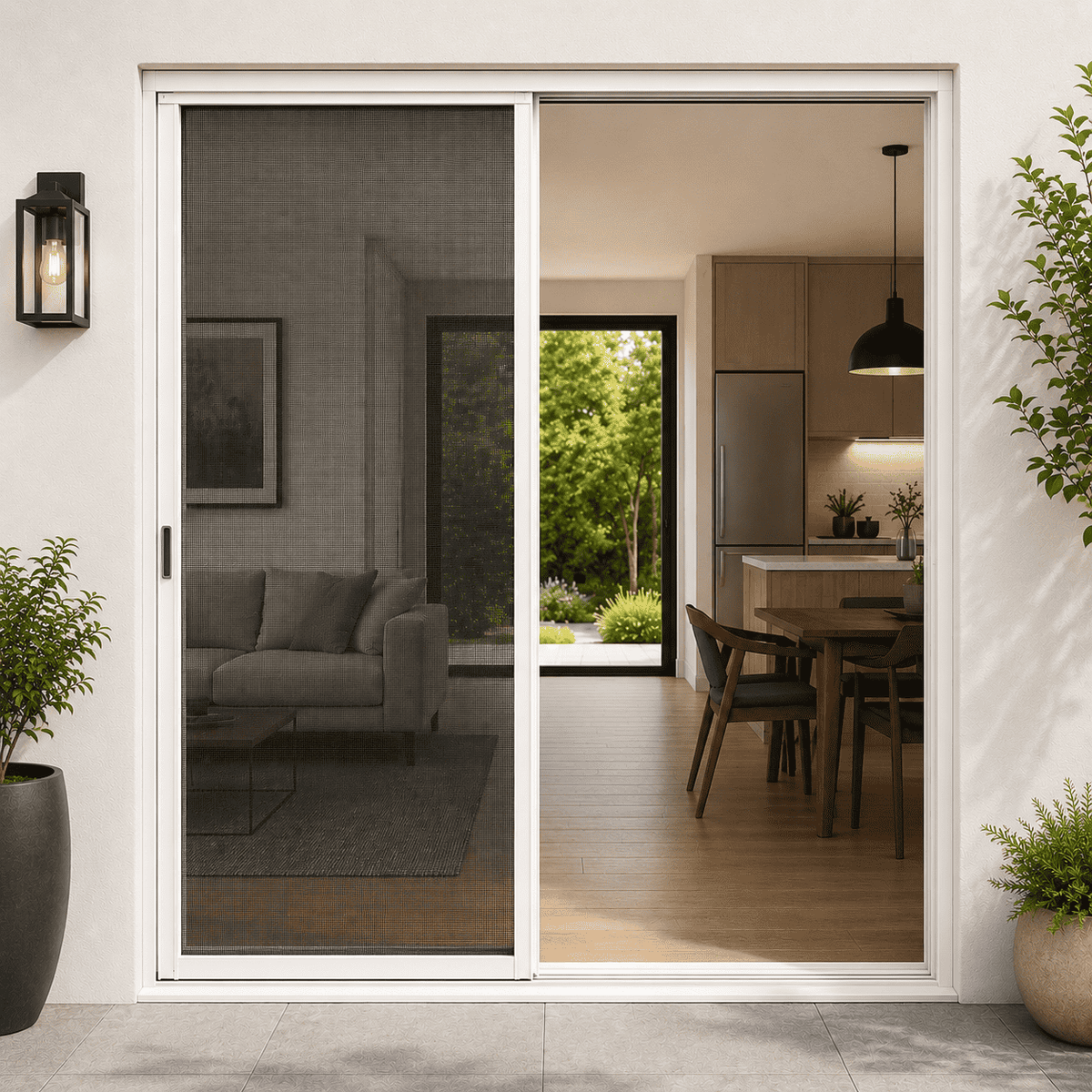 Modern sliding glass door opening to a living room and kitchen.